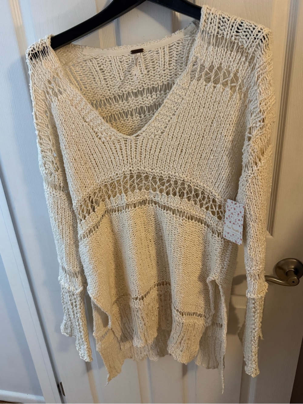 Free People Cream Open-Weave V-Neck Sweater